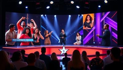 An online talent show platform interface showcasing diverse performers, judges, and audience members interacting virtually, capturing the excitement and diversity of talent present on the platform.