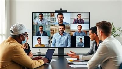 An engaging visual of a virtual CFO interacting with a diverse group of business owners via a video conference call, discussing financial strategies and growth opportunities, showcasing professionalism and expertise.