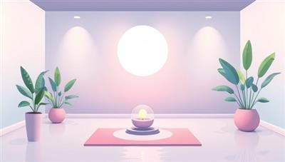 An illustration of a tranquil meditation space with calming colors, soft lighting, and serene nature elements like plants and water, evoking a sense of peace and relaxation for a mindful meditation experience, promoting emotional well-being and mental clarity.