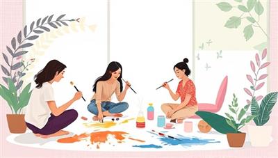 A calming digital illustration of a virtual art therapy session, featuring participants engaging in creative expression with paint, brushes, and colorful artwork, surrounded by elements of nature and tranquility, conveying a sense of emotional release and self-discovery.