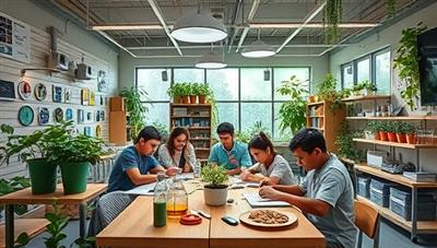 An immersive virtual sustainability lab with students experimenting with renewable energy sources, recycling practices, and eco-friendly technologies, surrounded by plants, solar panels, and upcycled materials, fostering a sense of innovation and environmental responsibility in learning.
