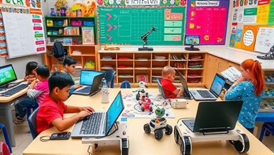 A colorful classroom setting with kids enthusiastically working on laptops and robots, surrounded by tech-themed decorations and educational posters, creating a vibrant and dynamic learning environment.