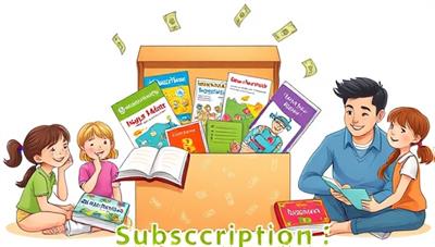 An illustration of a colorful subscription box filled with financial literacy materials such as board games, activity books, and play money, surrounded by happy children and adults engaging in learning activities together, conveying a sense of fun and education.
