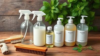 An aesthetically pleasing flat lay of the eco-friendly cleaning kit components, including refillable spray bottles, bamboo scrub brushes, and plant-based cleaning solutions, arranged on a rustic wooden surface with green foliage in the background, conveying a natural and sustainable vibe.