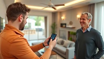 A professional installer setting up a smart thermostat in a modern living room, with a smartphone in hand and a satisfied homeowner looking on, highlighting the ease and sophistication of smart home technology.