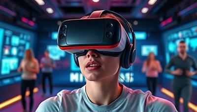 An exciting VR headset image showcasing a user immersed in a virtual fitness environment, surrounded by digital trainers and interactive fitness challenges, conveying the exhilarating and futuristic aspects of the VRFit Experience platform.