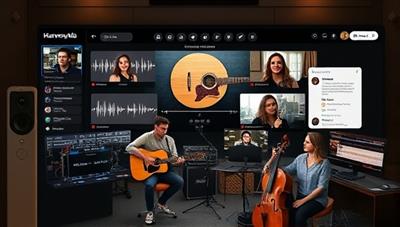 An online music studio interface displaying a group of musicians from different parts of the world collaborating on a music project, sharing audio tracks, adding virtual instruments, and communicating through text and video chat, highlighting the creative and collaborative essence of HarmonyHub Connect.