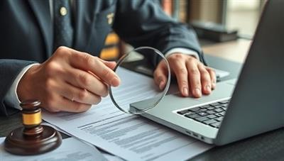 An image of a legal consultant reviewing documents and contracts with a magnifying glass, surrounded by law books and a laptop, symbolizing attention to detail and expertise in legal compliance consulting.