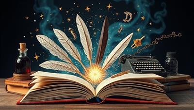 An artistic representation of a magical book opening to reveal a burst of creative writing elements, such as quills, ink bottles, typewriters, and literary symbols, evoking a sense of inspiration and storytelling magic.