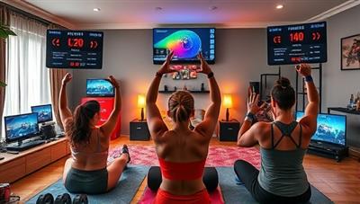 An energetic virtual fitness challenge scene showing a group of participants engaging in a high-intensity workout session from their homes, with digital leaderboards, motivational cues, and live coaching feedback, creating a dynamic and empowering fitness environment.