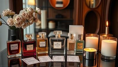 An elegant virtual fragrance consultation setup with a variety of perfume bottles, scent strips, and aromatic candles, creating a luxurious and sensory experience for clients seeking personalized fragrance recommendations.