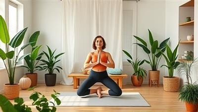 An inviting virtual wellness studio with a health coach leading a yoga session, surrounded by plants, essential oils, and calming decor, creating a tranquil and rejuvenating space for fitness and mindfulness practices.