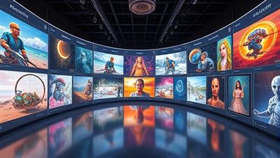 An immersive digital art gallery showcasing a diverse collection of NFT artworks displayed on virtual screens, with interactive features for exploring artwork details and artist information, creating a futuristic and innovative art browsing experience.
