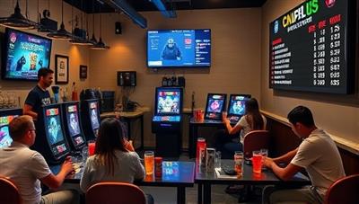A cozy cafe setting with gaming stations, players engaged in skill-based challenges, a barista serving drinks, and a leaderboard displaying top scores and betting odds, illustrating the social and competitive atmosphere of the cafe.