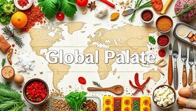 An artistic digital collage featuring a diverse array of global ingredients, spices, and cooking utensils from various cuisines, arranged in a visually appealing and culturally rich composition, symbolizing the culinary diversity and cultural exchange fostered by GlobalPalate.