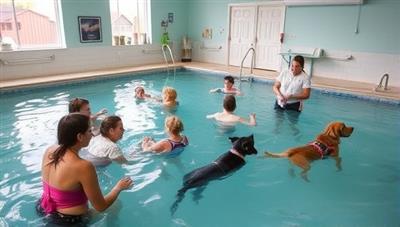 A serene rehabilitation center setting with pets engaged in hydrotherapy sessions, assisted by caring therapists guiding them through exercises and treatments, surrounded by soothing water and therapeutic equipment, illustrating the healing and supportive environment of PawsRehab Oasis.