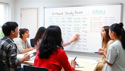 A virtual study room environment with avatars of diverse students collaborating on a digital whiteboard, sharing notes and discussing study materials, fostering a sense of community and academic support.