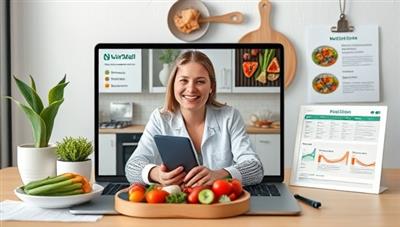 An engaging visual representation of a virtual nutrition session with a nutritionist discussing meal plans, dietary recommendations, and wellness tips with a client through a video call, accompanied by healthy food imagery and nutritional charts, conveying a sense of guidance and support from NutriWell.