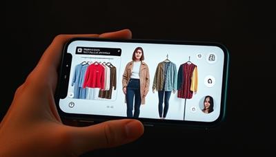 A smartphone screen displaying a user trying on virtual outfits, with AI technology suggesting clothing combinations, creating a dynamic and personalized fashion experience.