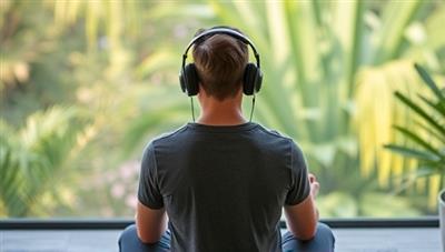 An individual sitting in a peaceful setting, wearing headphones and listening to a meditation session on the SereniSound app, surrounded by serene nature elements and a calm atmosphere, promoting relaxation and mindfulness.