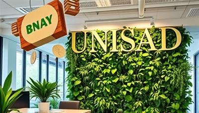 An office setting with a modern, eco-friendly aesthetic, featuring recycled paper decorations, energy-efficient lighting, and a lush indoor plant wall, symbolizing a commitment to sustainability in business practices.