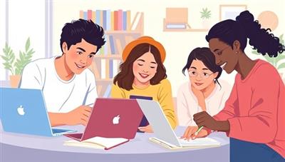 A digital illustration of diverse students studying together virtually on laptops, exchanging study notes and discussing academic topics in a vibrant online study environment.