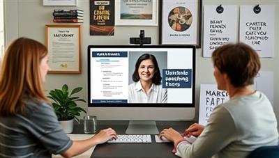 A virtual career coaching session scene with a coach providing feedback on a client's resume and discussing career goals via video call, surrounded by job search resources, career guides, and motivational quotes, emphasizing the supportive and professional nature of the virtual career coaching service.
