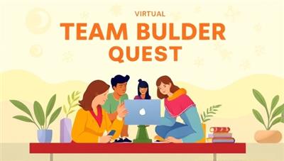 A dynamic digital illustration of a virtual team building quest, featuring diverse team members collaborating in a virtual world, solving puzzles and challenges together, symbolizing unity and teamwork in a remote setting.