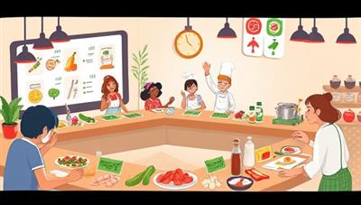 A culinary-themed digital illustration featuring virtual cooking stations, diverse ingredients, and enthusiastic participants engaging in a cooking competition, with judges observing and providing feedback, capturing the excitement and creativity of the online cooking competition platform.