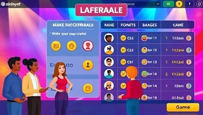 A vibrant and dynamic digital game board featuring employee avatars making successful referrals, earning points and badges, with a leaderboard highlighting top performers, creating a competitive and engaging atmosphere for employee referrals.