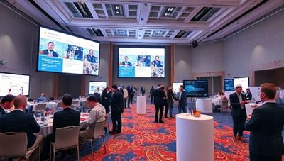 A virtual conference hall setup with digital screens displaying interactive event elements, virtual booths for sponsors, and attendees engaging in networking activities, illustrating the dynamic and immersive virtual event experience facilitated by EventSphere Pro.
