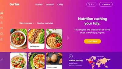 A vibrant digital platform showcasing colorful and nutritious food options, meal prep ideas, and wellness tips, with interactive features for tracking progress and engaging with the nutrition coaching program, promoting a healthy lifestyle.
