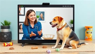 A virtual pet trainer demonstrating a training session with a pet through a video call, showcasing positive reinforcement techniques and obedience training, with pet toys and treats in the background, creating a fun and interactive virtual pet training experience.