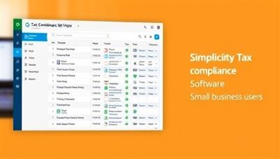 An interactive and user-friendly tax compliance software interface displaying tax forms, deadline reminders, and compliance checks for small business users, symbolizing simplicity and efficiency in tax management.