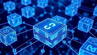 An interconnected network of digital ad blocks secured by blockchain technology, with transparent transaction records visible on each block, symbolizing the trust and security provided by AdChain Secure's ad verification platform.