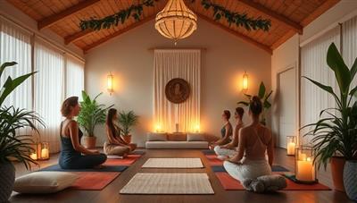 A tranquil meditation studio adorned with soft lighting, cushions, and calming decor, with individuals meditating in various poses, surrounded by lush greenery and serene nature elements, evoking a sense of peace and relaxation.