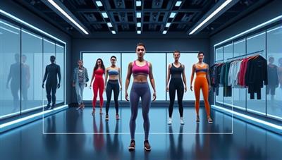 An interactive digital display showcasing a virtual avatar trying on different workout outfits in a futuristic fitness studio setting, emphasizing the innovative and personalized virtual fitting experience offered by FitFlex Virtual Wardrobe.