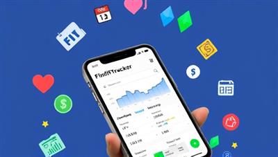 An engaging visual of a mobile phone displaying the FinFitTracker app interface, with colorful graphs, spending categories, and financial goals tracking, surrounded by icons symbolizing financial health, stability, and growth, creating a sense of empowerment and control over personal finances.