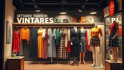 A retro-themed digital storefront displaying a collection of vintage clothing items, accessories, and retro-inspired mannequins, creating a nostalgic and stylish atmosphere that resonates with vintage fashion enthusiasts.