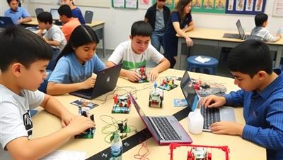A robotics coding class in action, with children collaboratively working on building and programming robotic devices, surrounded by laptops, circuit boards, and robotic components, showcasing a blend of creativity, technology, and collaborative learning.