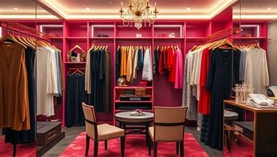 A chic virtual dressing room setup with stylish outfits, accessories, and digital fashion lookbooks, where clients receive personalized style recommendations, outfit suggestions, and fashion advice from expert stylists, creating a glamorous and interactive fashion styling experience in the online world.