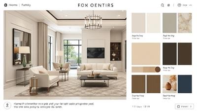 An elegant and modern living room design displayed on a virtual mood board, featuring furniture, color schemes, and decor elements, highlighting the transformative impact of interior design on real estate properties and attracting design enthusiasts and property owners.