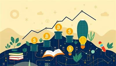 An innovative graphic showcasing a digital landscape with rising cryptocurrency symbols, intertwined with educational icons like books and lightbulbs, symbolizing growth and learning in the digital investment space.