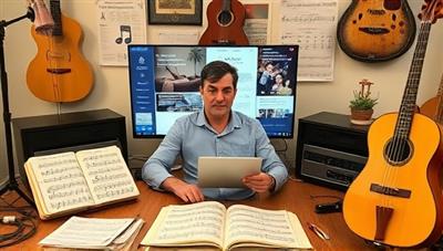 An engaging virtual music lesson scene with an instructor teaching a student via video call, surrounded by musical instruments and sheet music, creating a harmonious and educational atmosphere for learning music online.