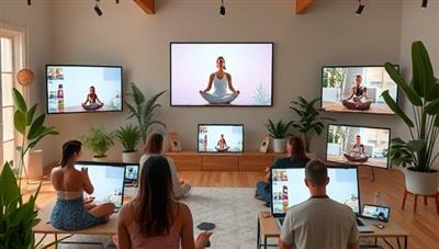 An immersive virtual wellness retreat scene featuring participants engaging in yoga poses, meditation sessions, and wellness workshops on their screens, surrounded by calming decor elements and greenery, creating a serene and tranquil digital retreat ambiance.
