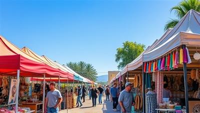 An outdoor pop-up market scene with colorful tents and stalls filled with handcrafted items, bustling with shoppers exploring the unique offerings, under a clear blue sky on a sunny day, evoking a vibrant and artisanal atmosphere.