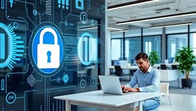 A modern office setting with cybersecurity elements like digital locks, encrypted data streams, and employees engaged in reviewing privacy policies and compliance frameworks, symbolizing the dedication and expertise of PrivacyShield Consultants in safeguarding client data.