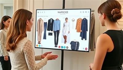 An elegant personal stylist conducting a virtual wardrobe consultation with a client, showcasing a digital mood board with outfit suggestions, color palettes, and accessory pairings, creating a stylish and interactive styling experience.