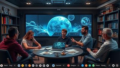 A virtual science fiction writing club scene with members engaged in a video conference, sharing story ideas and discussing futuristic concepts, surrounded by sci-fi books and space-themed decor, fostering creativity and community at CosmicChronicles Club.