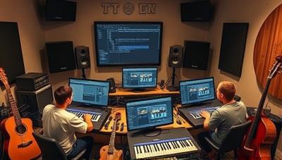 An artistic depiction of a virtual music production studio with students creating music tracks on digital workstations, surrounded by musical instruments and recording equipment, capturing the essence of creative music production learning experiences.